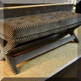 F04. Large custom upholstered tufted X bench in Kelly Wearstler diagonal stripe velvet fabric. 20”h x 54”w x 19”d 
